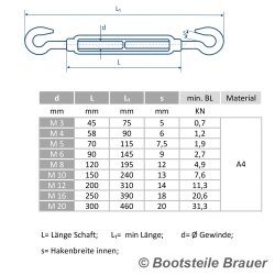 Spannschloß Haken - Haken M10 x 240 - Edelstahl A4...