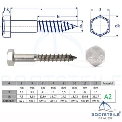 Sechskant Holzschrauben DIN 571 - 6 x 110 mm - Edelstahl A2 (AISI 304)