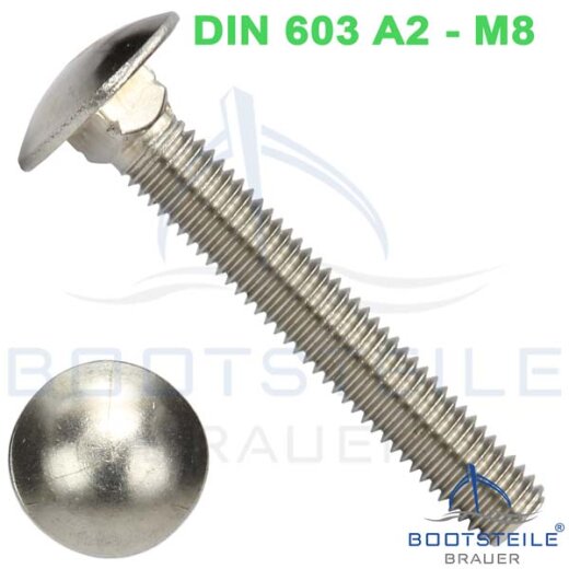 Vis à tête bombée à collet carré, filetage complet DIN 603 M8 X 50/50 - Acier inoxydable A2