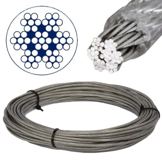 PVC clear coated wire rope semi-soft 7x7 D= 1,25 / 2 mm - Stainless steel V4A AISI 316