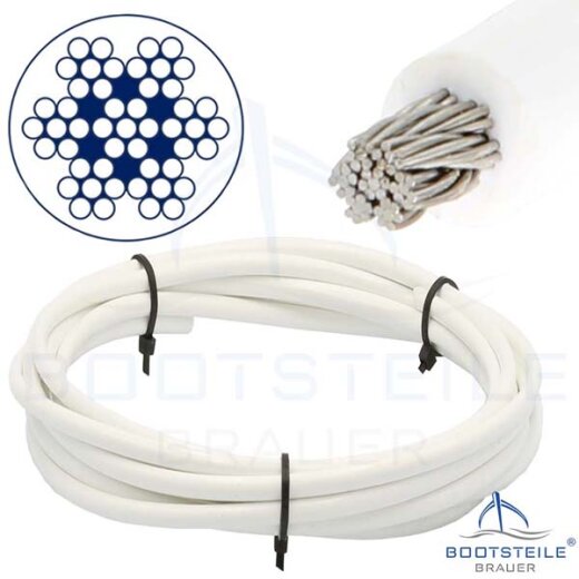 PVC white coated wire rope semi-soft 7x7 D= 4 / 6 mm - Stainless steel V4A AISI 316