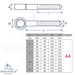 Augenbolzen mit Holzgewinde 8 x 100 mm - Edelstahl A4 (AISI 316)