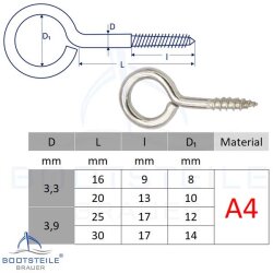 Ösenschraube mit Holzgewinde 3,3 x 20 mm, Auge 10 mm - Edelstahl A4 (AISI 316)