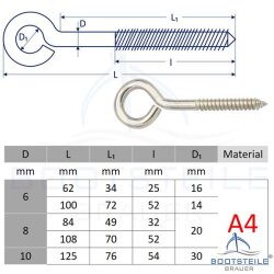 Screw eye with wood thread, heavy duty 8 x 108 mm, Eye 20 mm - Stainless steel V4A