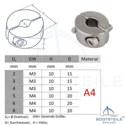 Bague darrêt pour câble 2 parties (2 vis) 8 x M4 mm - Acier Inoxydable V4A