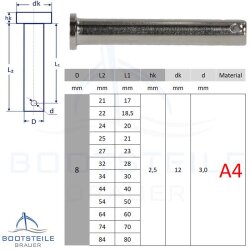 Clevis pin 8 x 25 mm - Stainless steel V4A